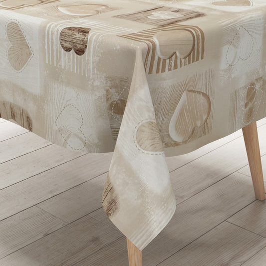 Wachstuch Tischdecke Holz Herzen beige