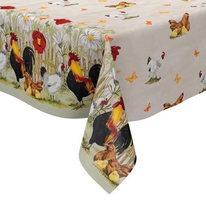 Oilcloth tablecloth border pattern C146261 beige chickens farm chicks square round oval