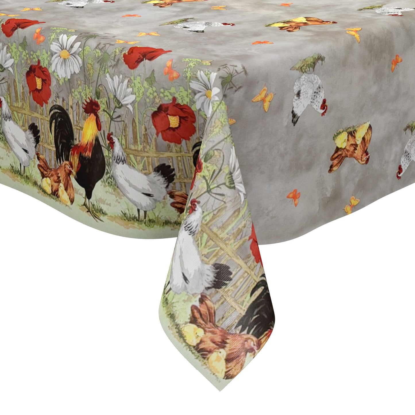 Oilcloth tablecloth border pattern C146262 grey chickens farm chicks square round oval
