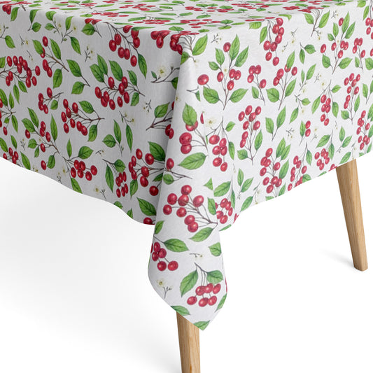 Jacquard Tischdecke aus beschichteter Baumwolle mit Kirschen, Kirschblüten und grünen Blättern auf hellem Hintergrund, fleckenabweisend und pflegeleicht.