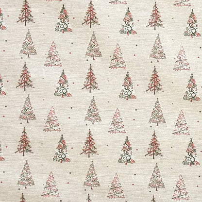 Jacquard Tischdecke aus beschichteter Baumwolle mit Weihnachtsmotiv aus kleinen Tannenbäumen in Rot und Grün, fleckenabweisend und pflegeleicht.