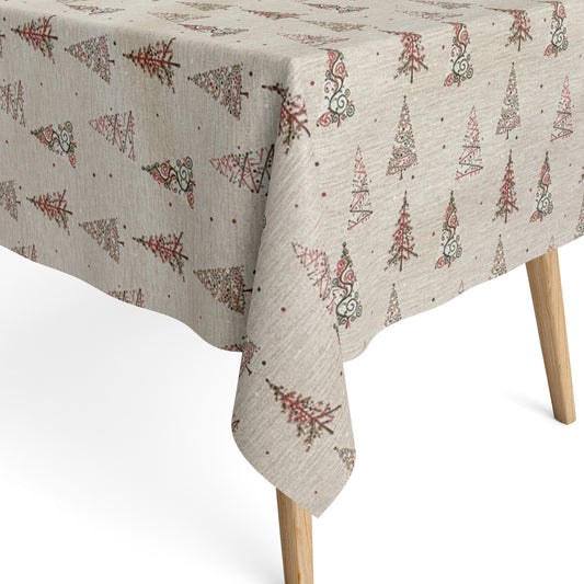 Jacquard Tischdecke aus beschichteter Baumwolle mit Weihnachtsmotiv aus kleinen Tannenbäumen in Rot und Grün, fleckenabweisend und pflegeleicht.