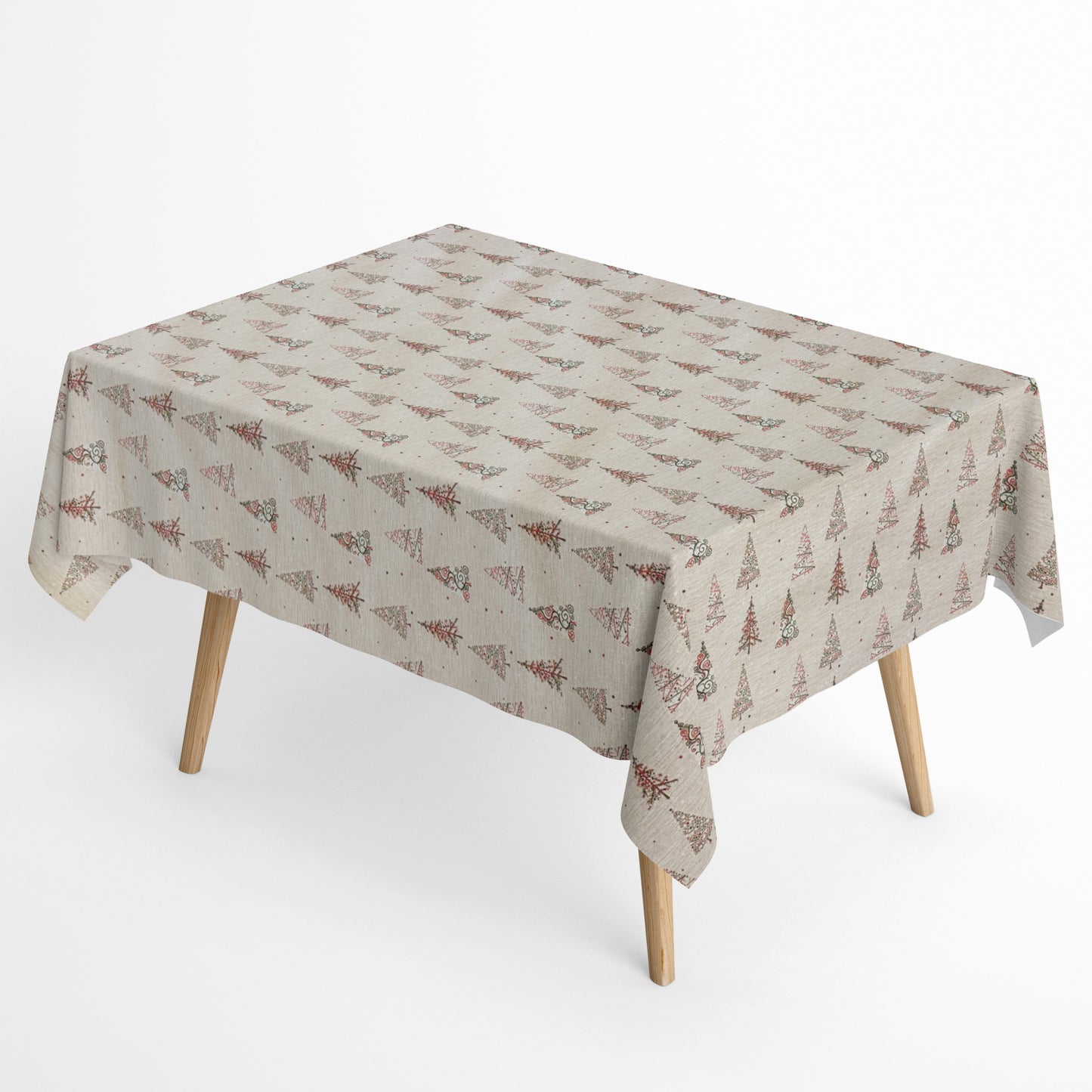 Jacquard Tischdecke aus beschichteter Baumwolle mit Weihnachtsmotiv aus kleinen Tannenbäumen in Rot und Grün, fleckenabweisend und pflegeleicht.