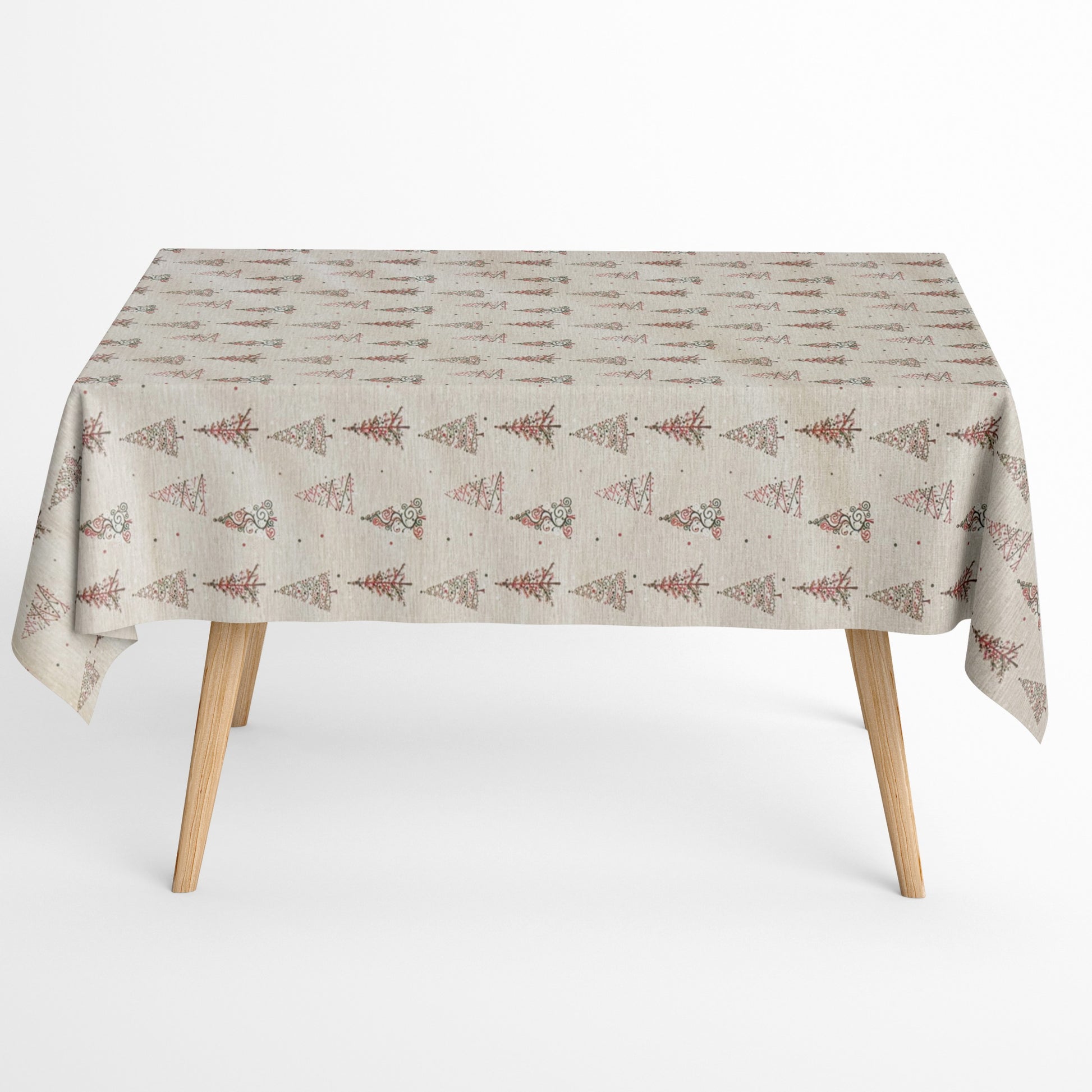 Jacquard Tischdecke aus beschichteter Baumwolle mit Weihnachtsmotiv aus kleinen Tannenbäumen in Rot und Grün, fleckenabweisend und pflegeleicht.
