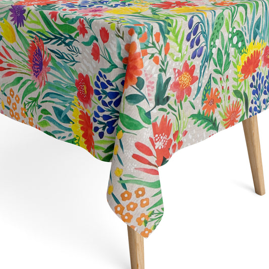 Jacquard Tischdecke aus beschichteter Baumwolle mit buntem, floralen Aquarellmuster in lebendigen Farben, fleckenabweisend und pflegeleicht.