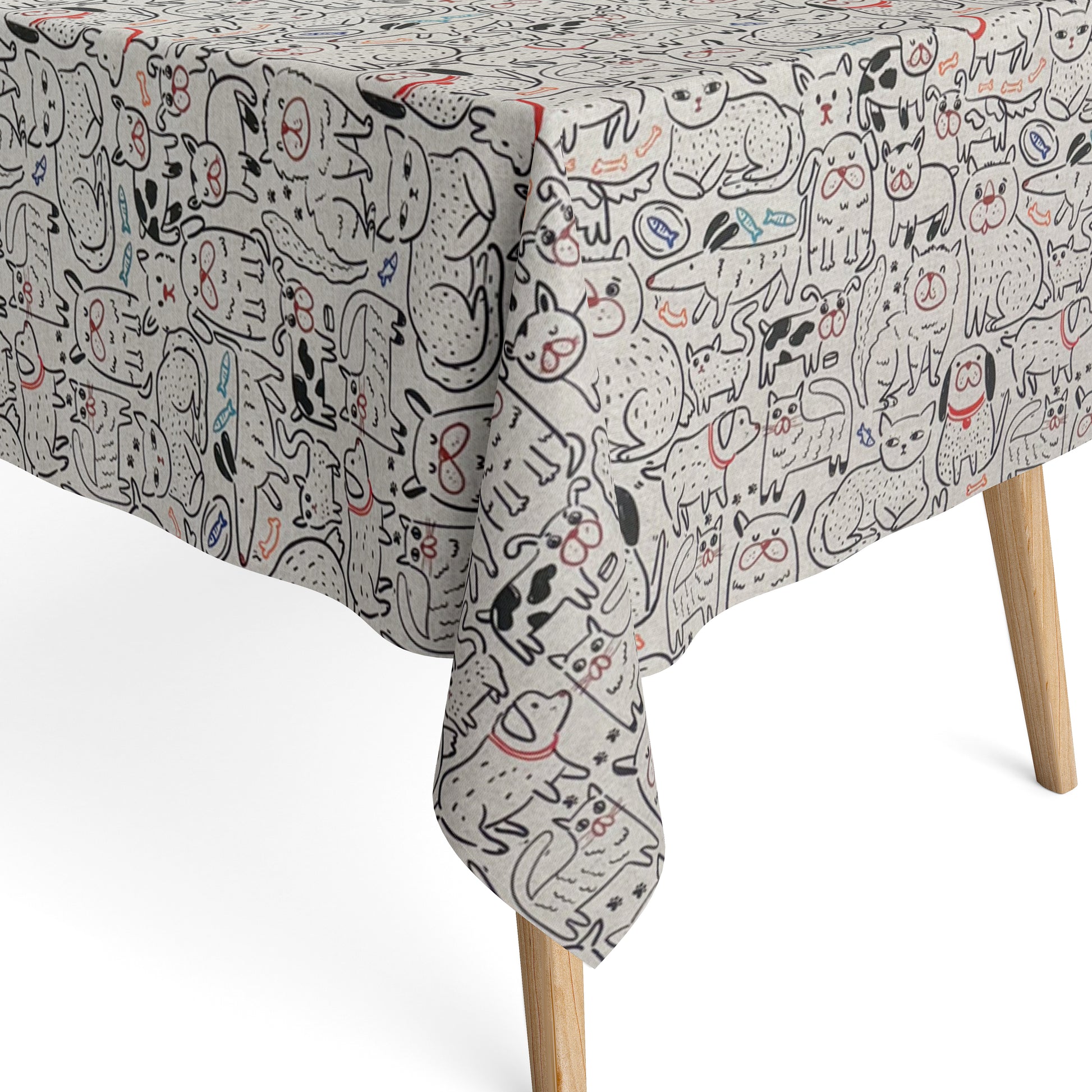 Beschichtete Baumwoll-Tischdecke mit Fleckenschutz im Design DP160, bedruckt mit einem verspielten Allover-Muster aus gezeichneten Hunden und Katzen sowie kleinen Motiven wie Knochen, Fischen, Pfoten und Halsbändern auf hellem Hintergrund.