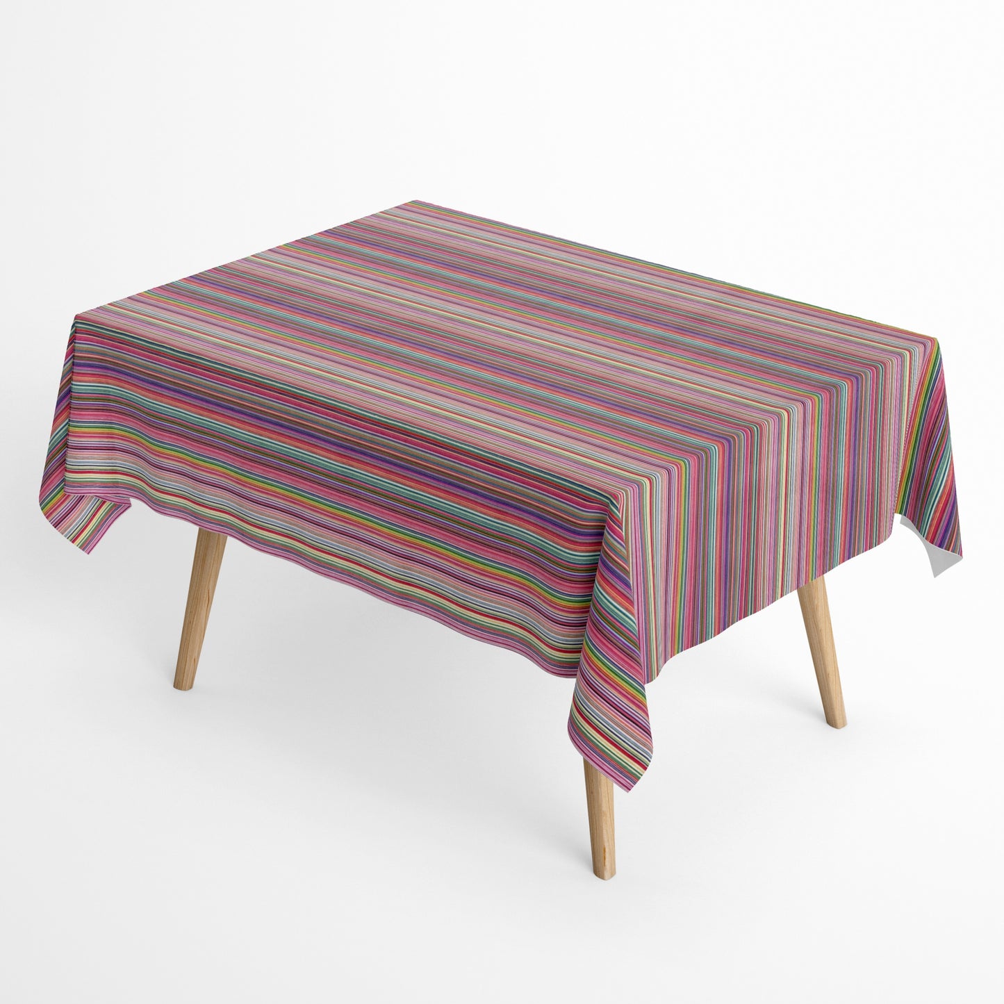 Beschichtete Baumwoll-Tischdecke mit Fleckenschutz im Design DP177, weißer Hintergrund mit einem dichten Streifenmuster aus feinen, bunten Linien in Pink, Rot, Blau, Grün, Gelb, Lila und weiteren Farbtönen.