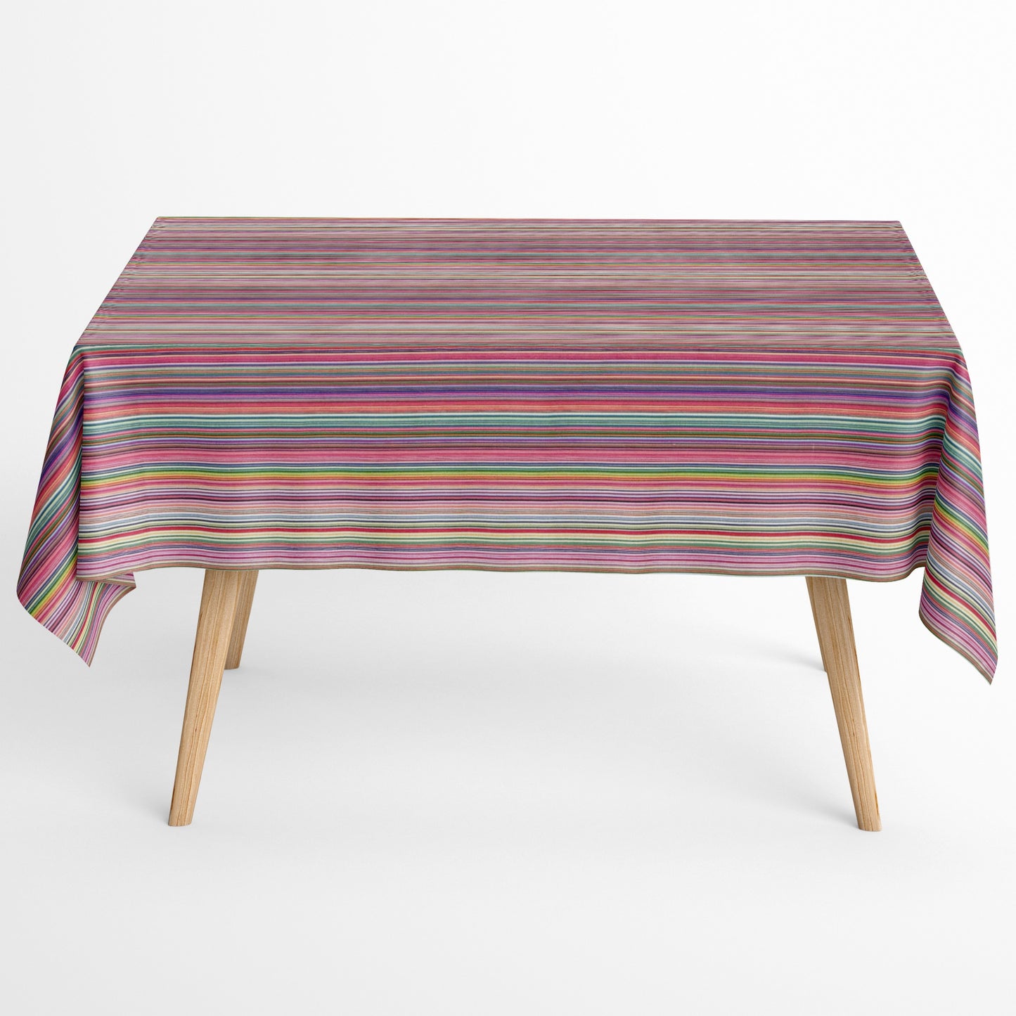 Beschichtete Baumwoll-Tischdecke mit Fleckenschutz im Design DP177, weißer Hintergrund mit einem dichten Streifenmuster aus feinen, bunten Linien in Pink, Rot, Blau, Grün, Gelb, Lila und weiteren Farbtönen.