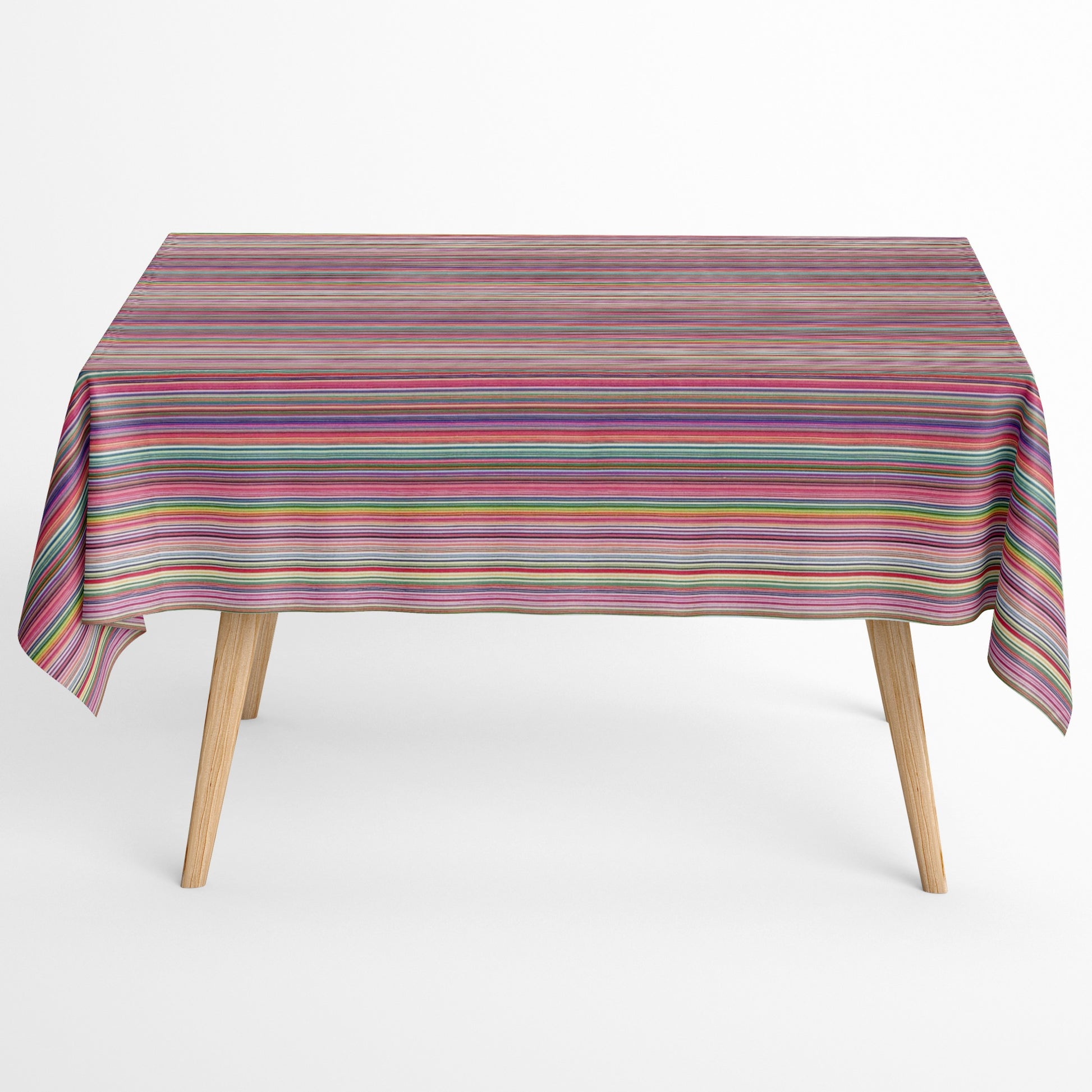 Beschichtete Baumwoll-Tischdecke mit Fleckenschutz im Design DP177, weißer Hintergrund mit einem dichten Streifenmuster aus feinen, bunten Linien in Pink, Rot, Blau, Grün, Gelb, Lila und weiteren Farbtönen.