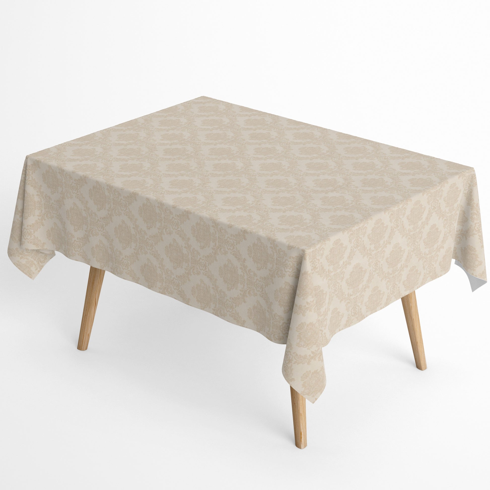 Beige Jacquard-Tischdecke aus beschichteter Baumwolle mit elegantem Ornamentmuster und Fleckenschutz.
