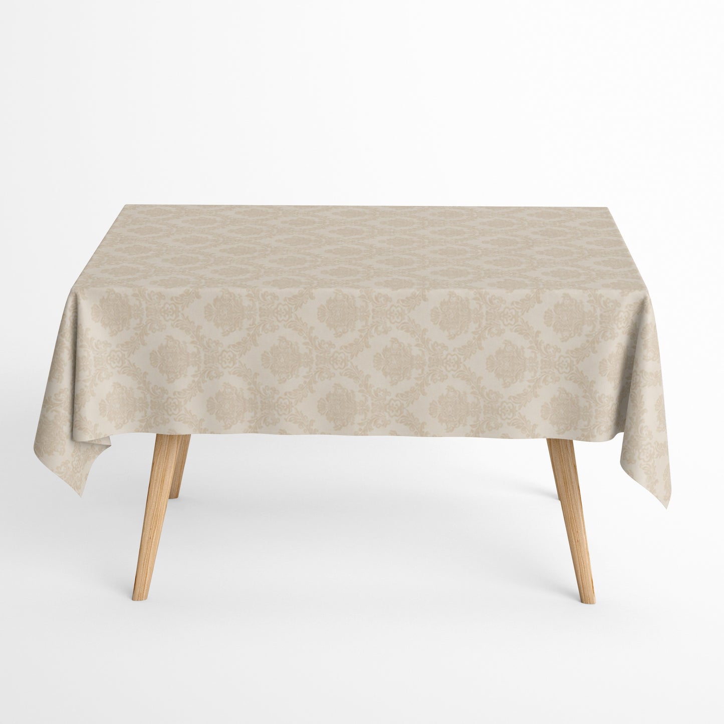 Beige Jacquard-Tischdecke aus beschichteter Baumwolle mit elegantem Ornamentmuster und Fleckenschutz.