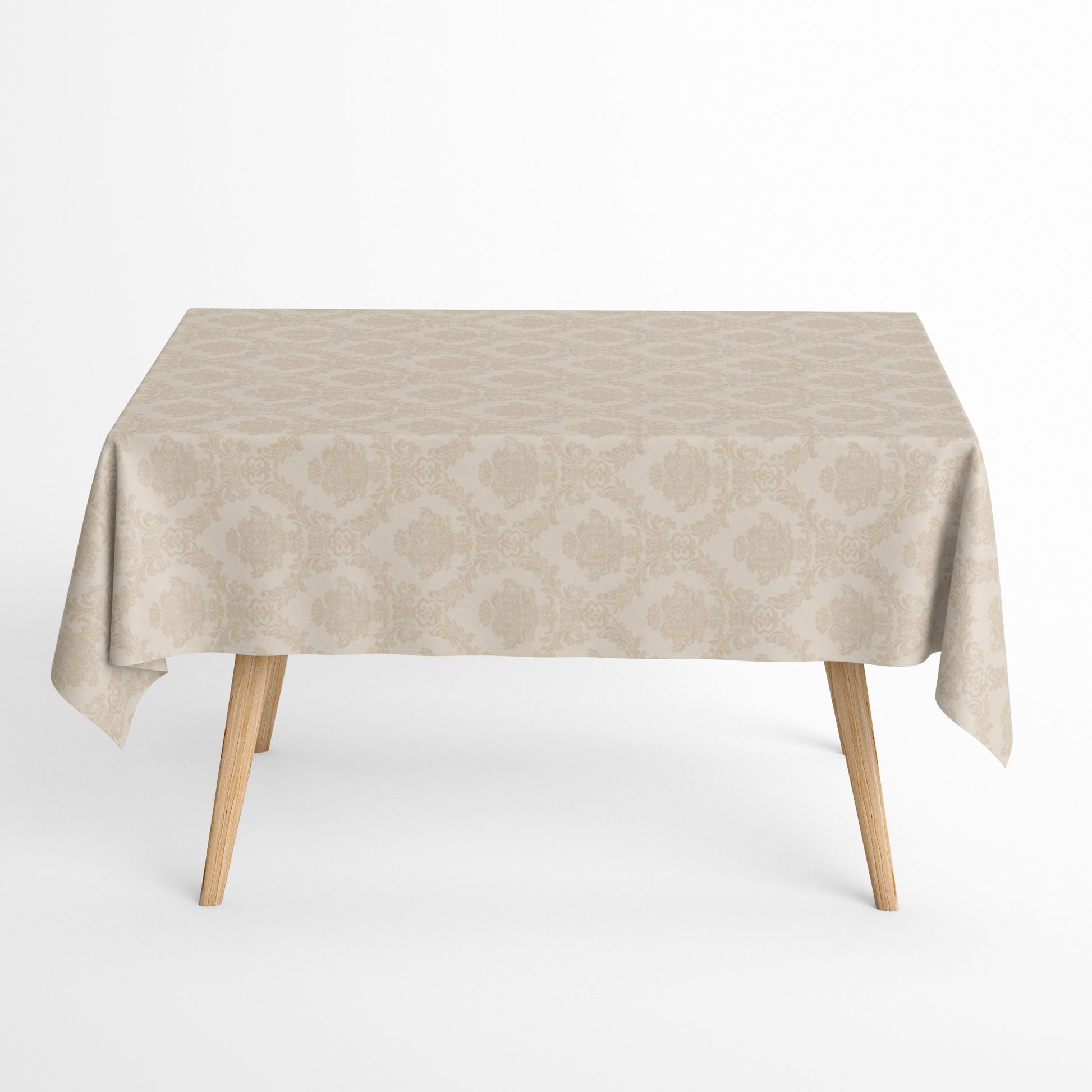 Beige Jacquard-Tischdecke aus beschichteter Baumwolle mit elegantem Ornamentmuster und Fleckenschutz.