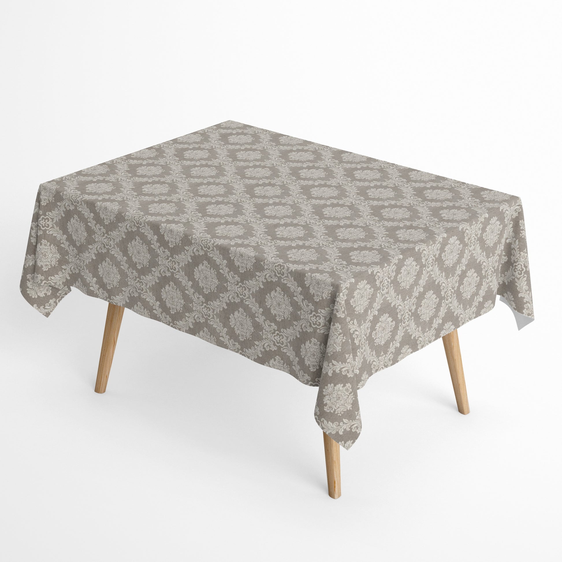Rechteckige Tischdecke in Taupe aus beschichteter Baumwolle mit elegantem Jacquard-Damastmuster.