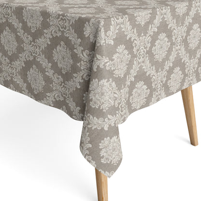 Rechteckige Tischdecke in Taupe aus beschichteter Baumwolle mit elegantem Jacquard-Damastmuster.