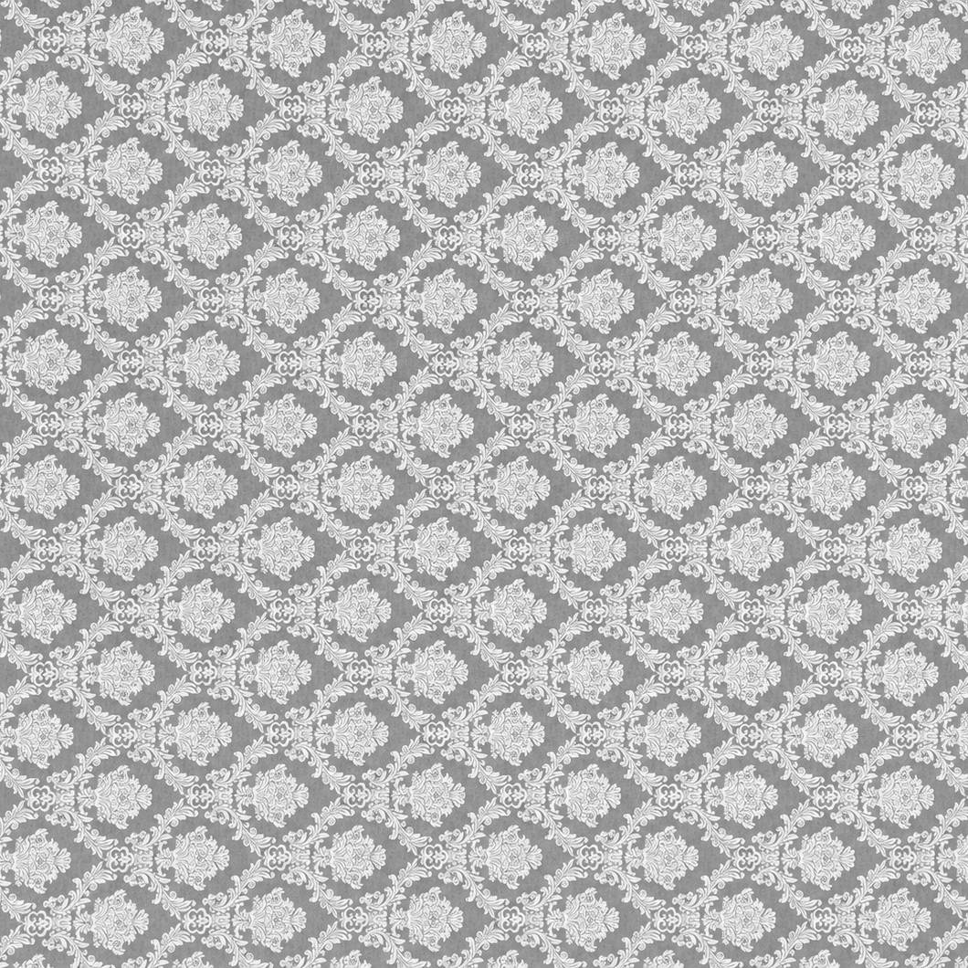 Detailaufnahme einer anthrazitfarbenen Jacquard-Tischdecke mit klassischem Ornamentmuster, beschichteter Baumwolle und Fleckenschutz.