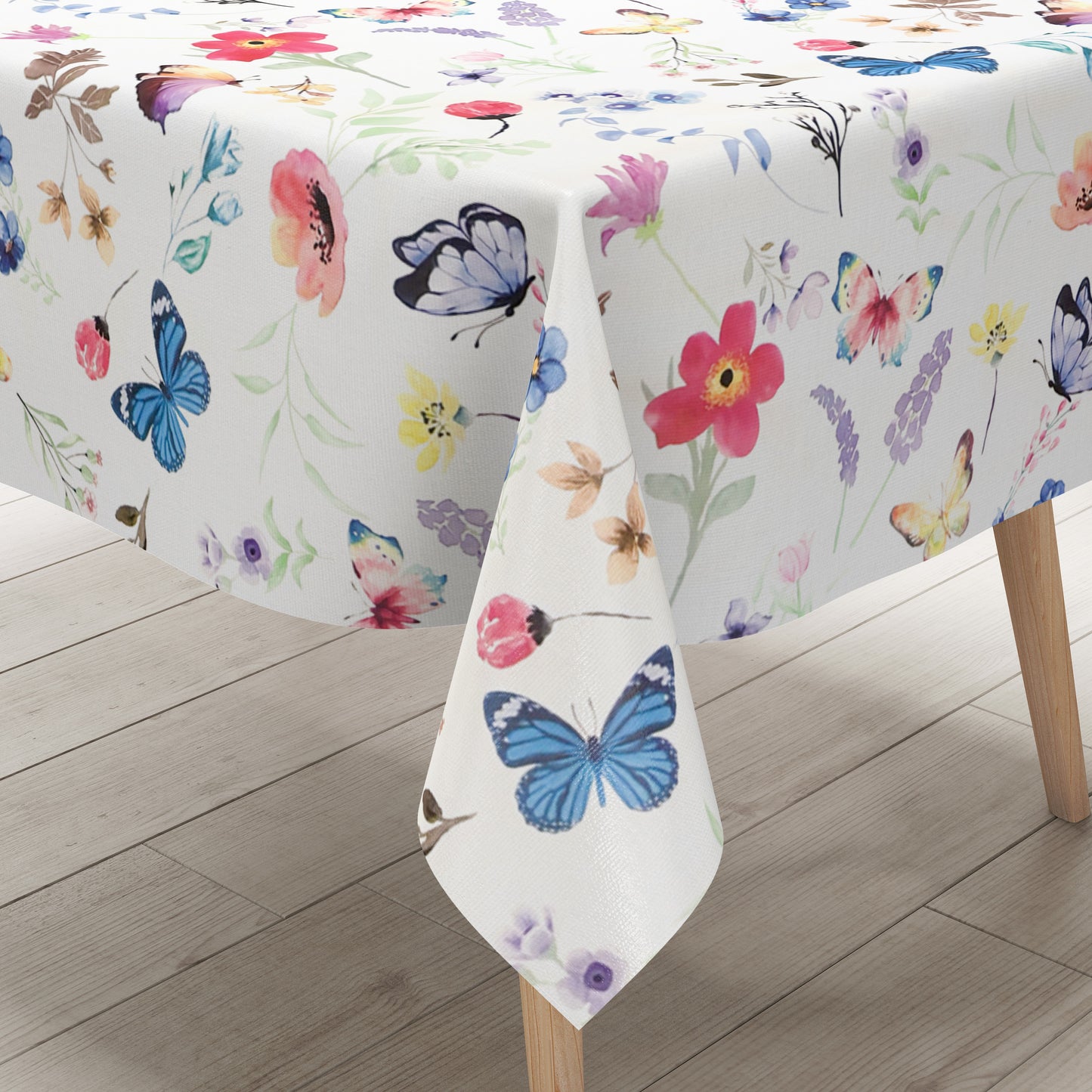 Wachstuch Tischdecke pastellfarbene Blumen und Schmetterlinge