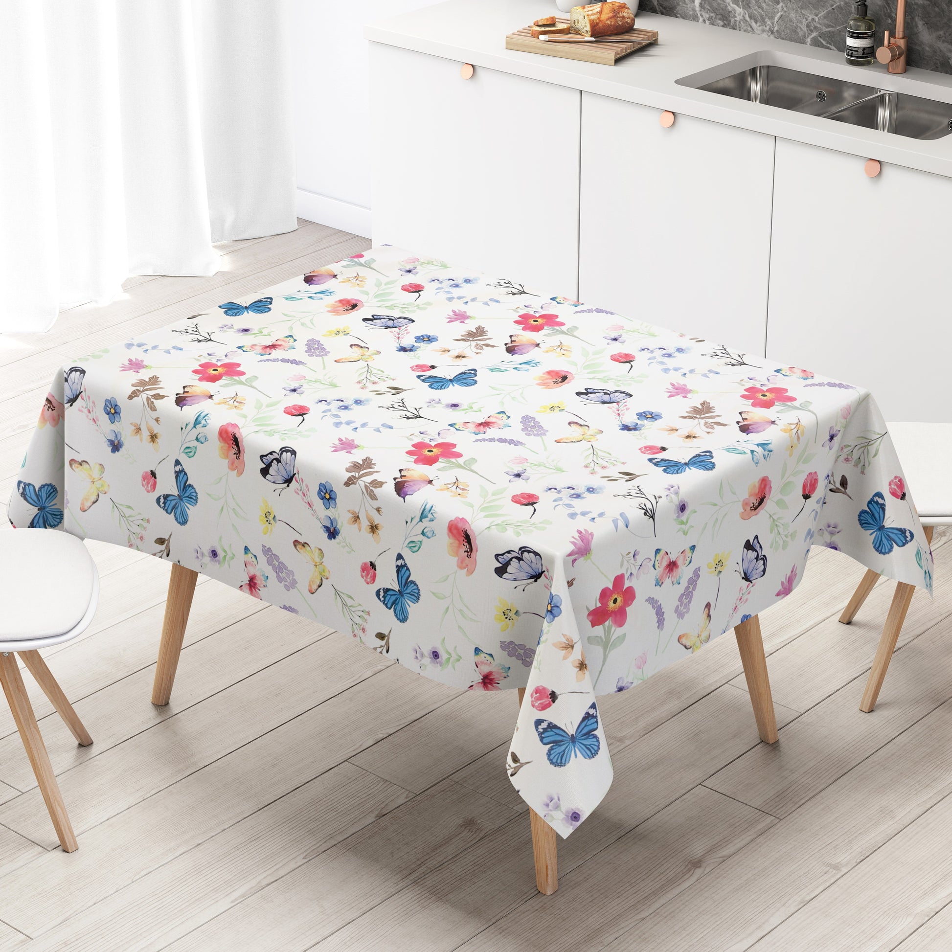 Wachstuch Tischdecke pastellfarbene Blumen und Schmetterlinge