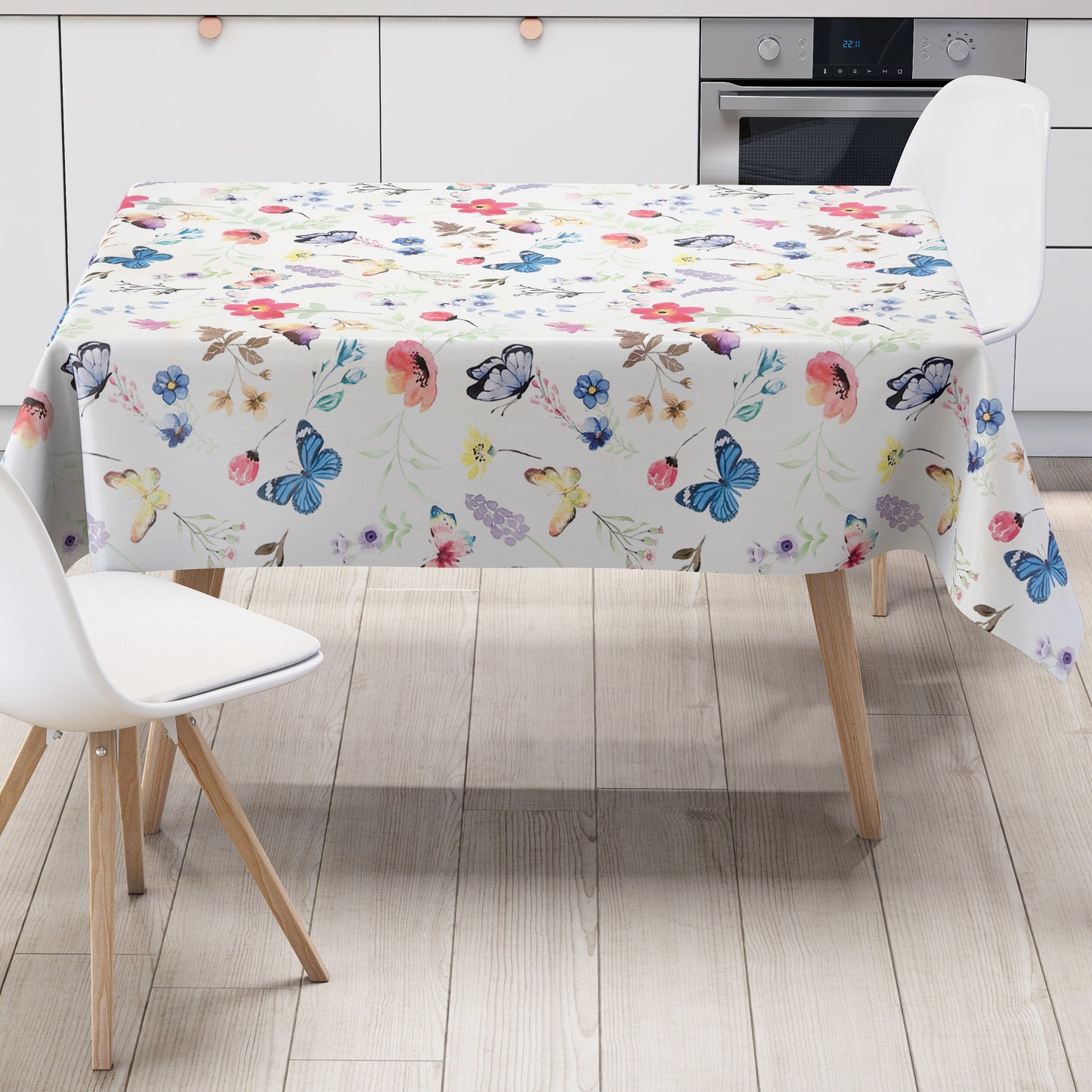 Wachstuch Tischdecke pastellfarbene Blumen und Schmetterlinge