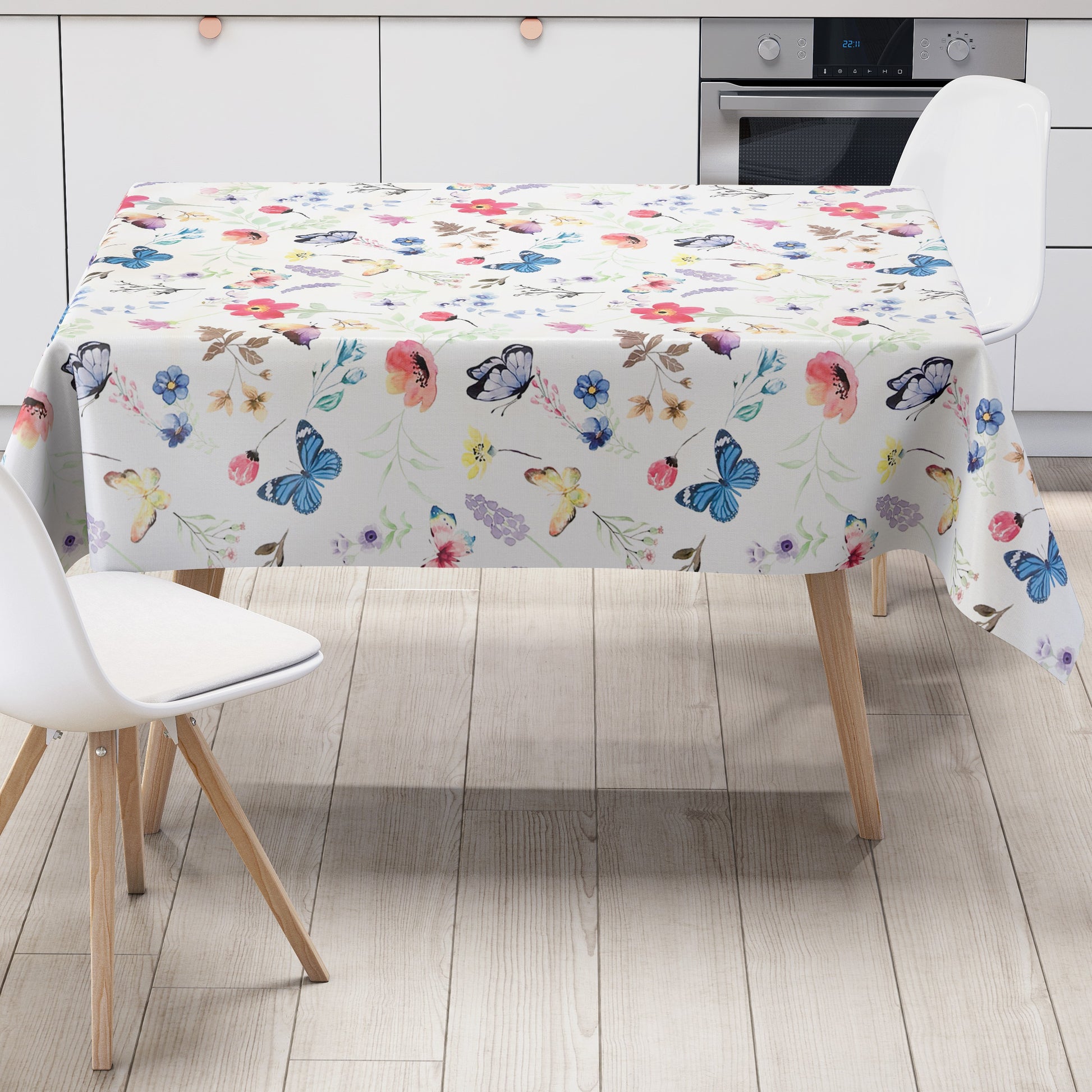 Wachstuch Tischdecke pastellfarbene Blumen und Schmetterlinge