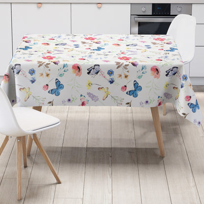 Wachstuch Tischdecke pastellfarbene Blumen und Schmetterlinge