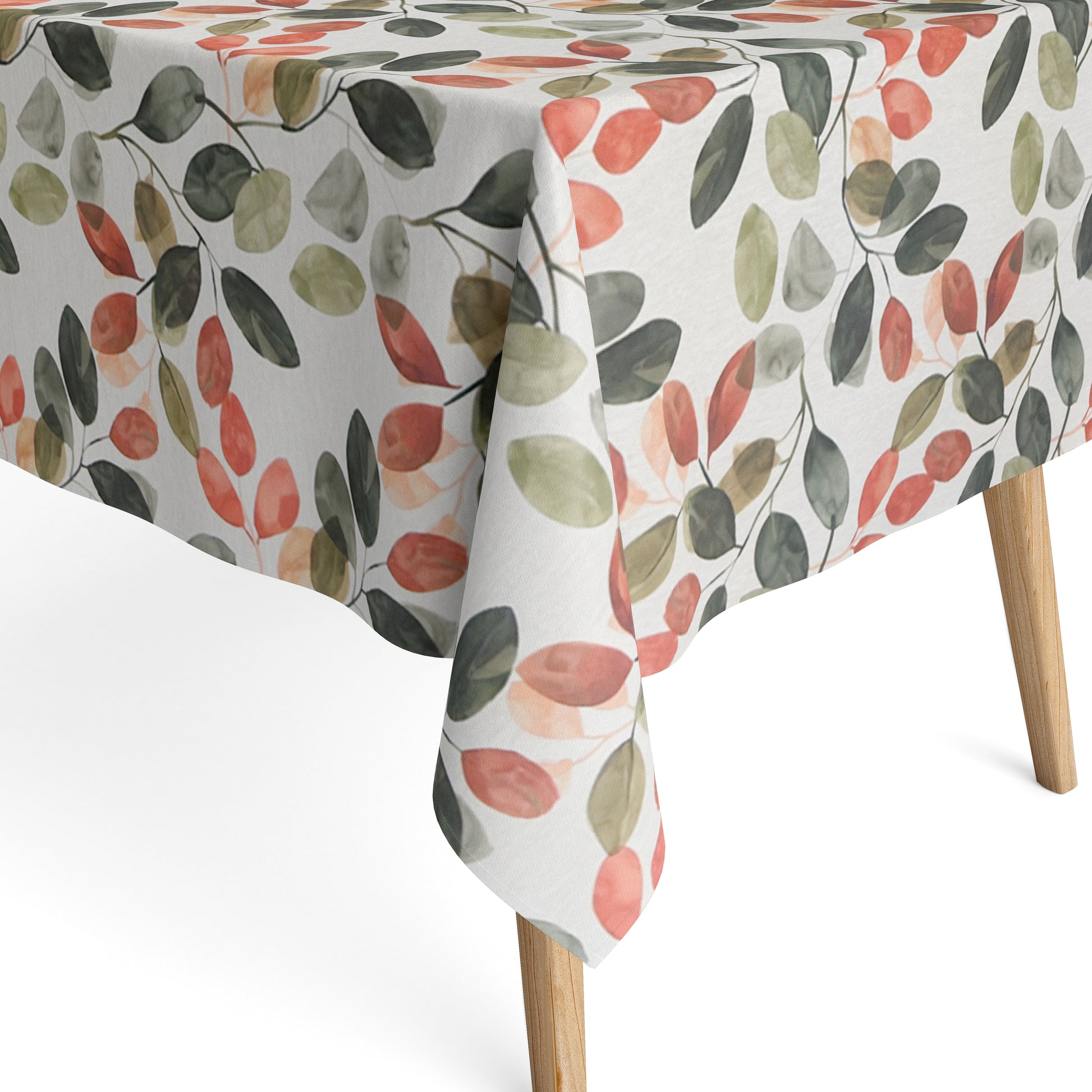 Beschichtete Baumwoll-Tischdecke mit modernem Blattmuster auf hellem Hintergrund. Aquarellartige Blätter in Grün-, Oliv-, Korall- und Apricottönen hängen an feinen Zweigen und verteilen sich gleichmäßig über die Oberfläche.