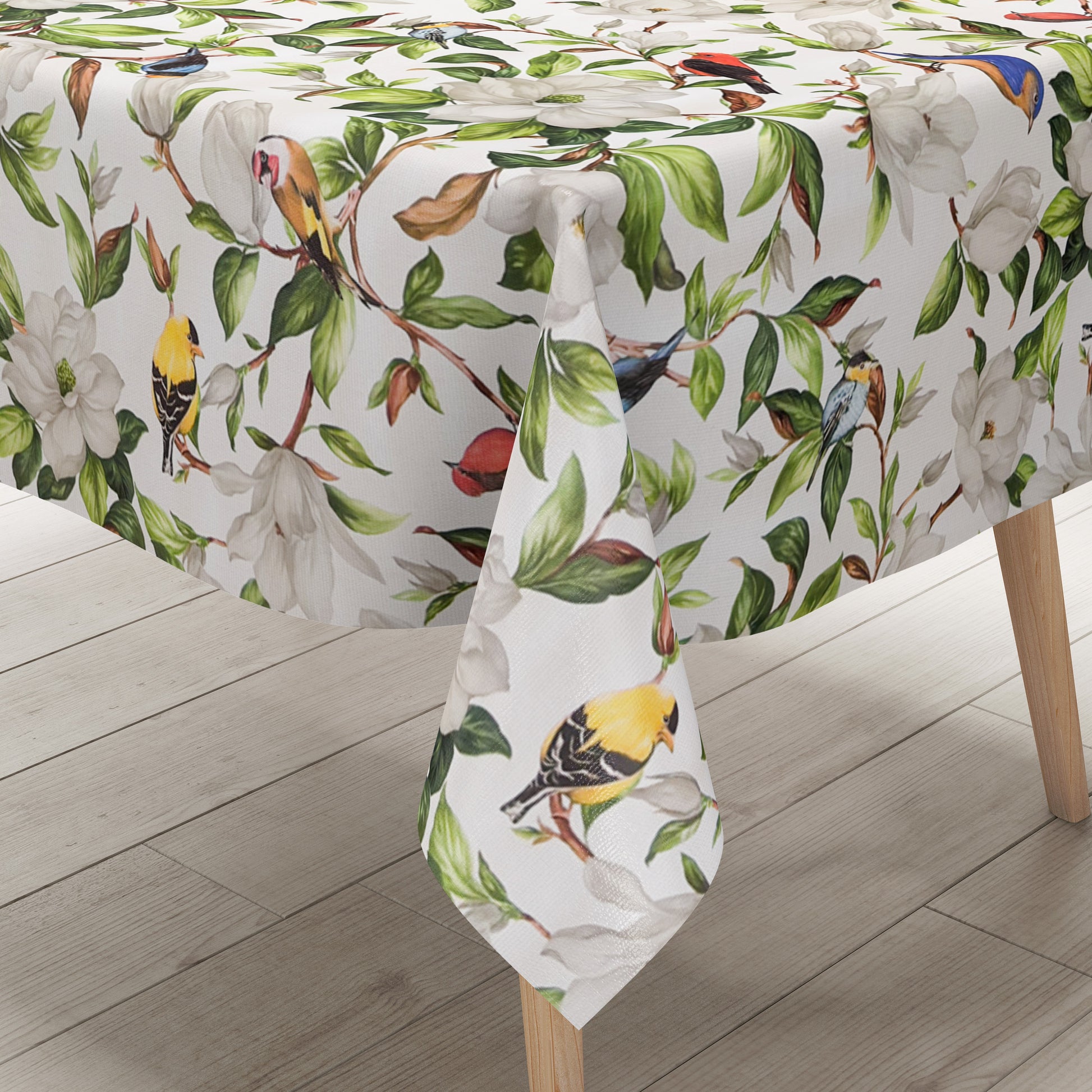 Wachstuch Tischdecke mit Meise Eisvogel und Blüten Vögeln