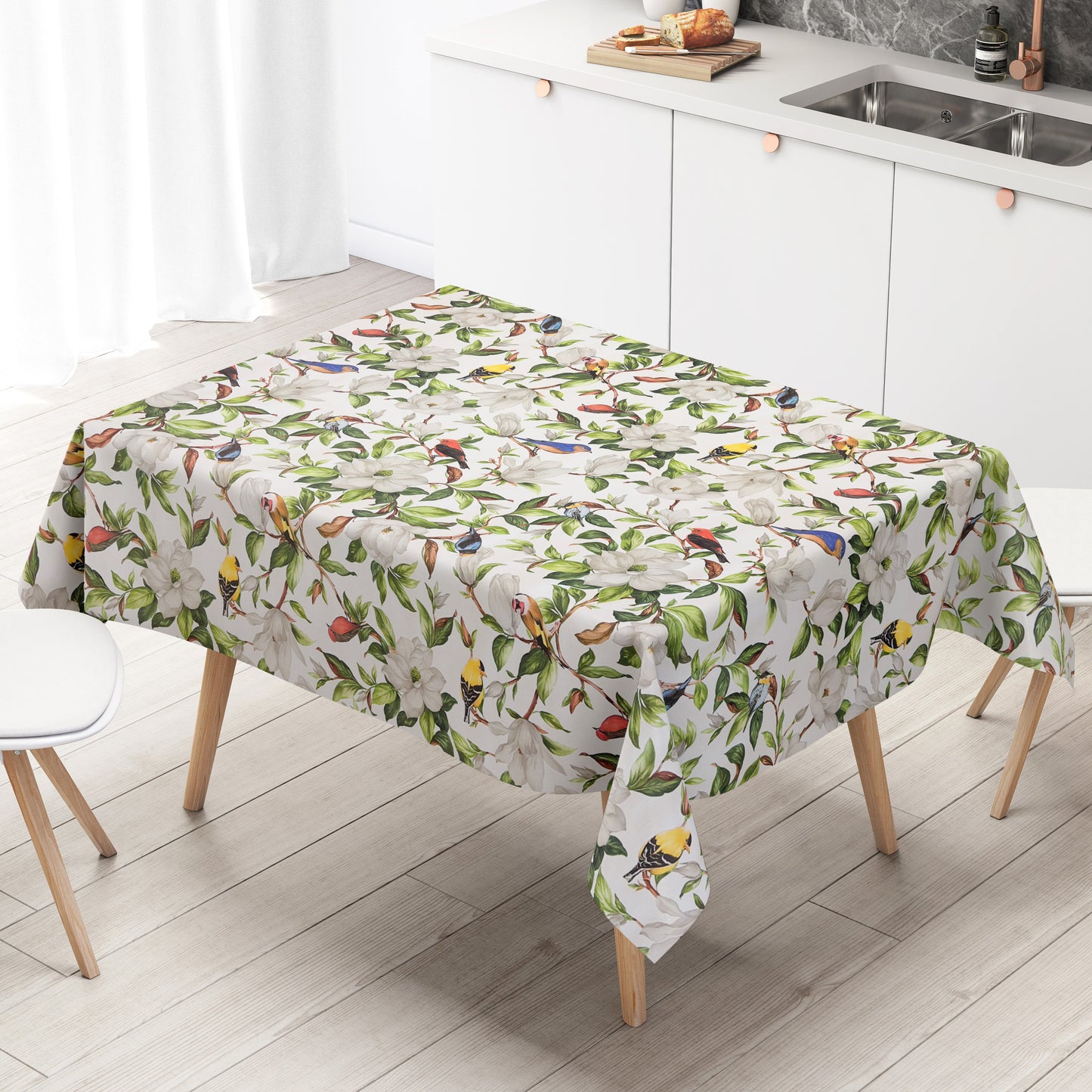 Wachstuch Tischdecke mit Meise Eisvogel und Blüten Vögeln