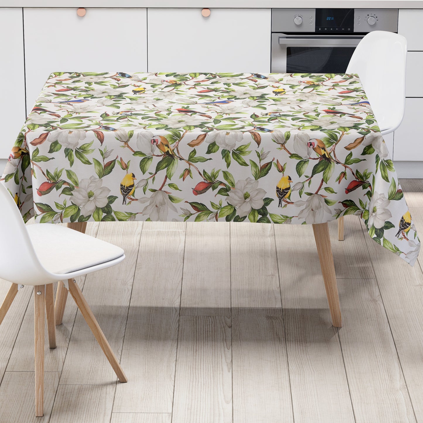 Wachstuch Tischdecke mit Meise Eisvogel und Blüten Vögeln