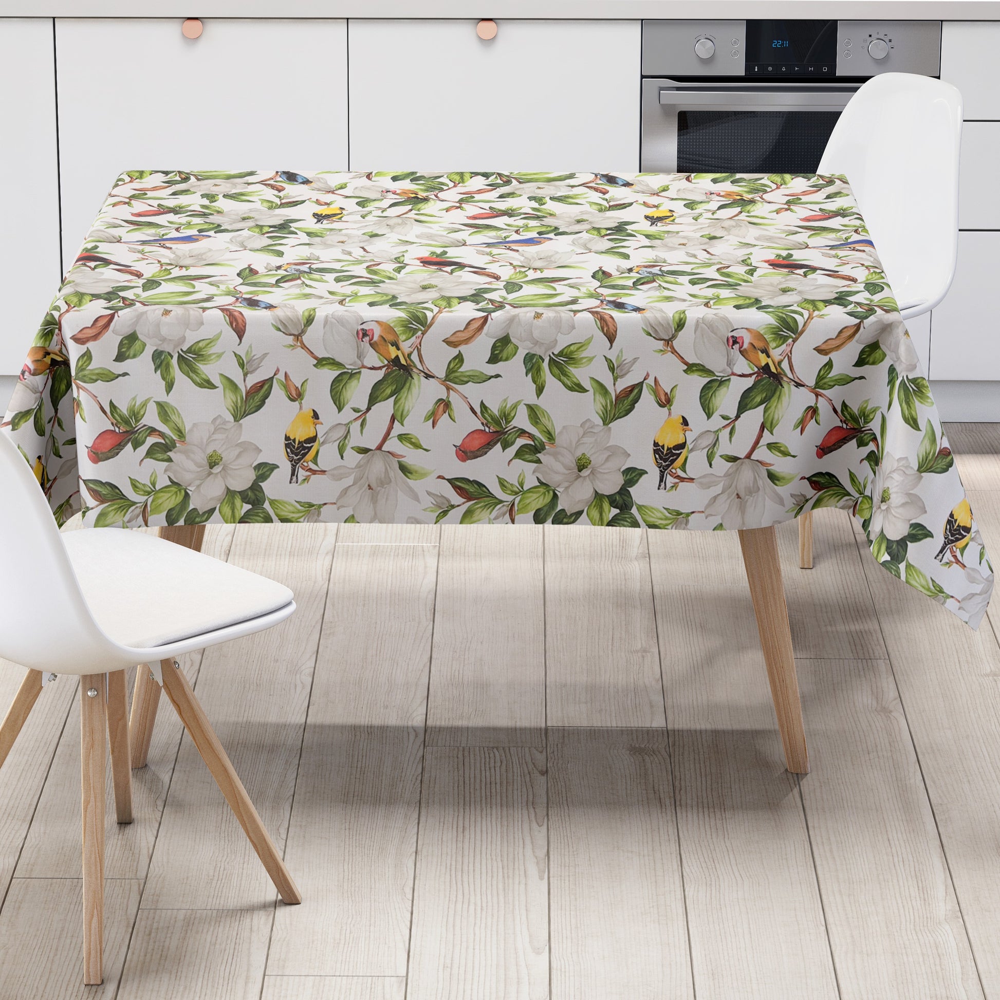 Wachstuch Tischdecke mit Meise Eisvogel und Blüten Vögeln