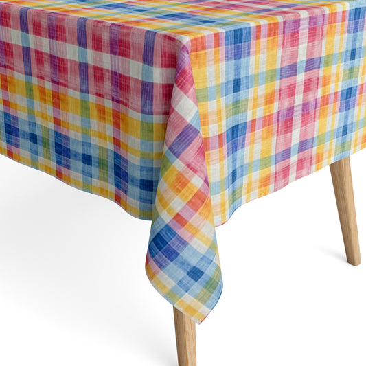  Die jacquard Tischdecke aus beschichteter Baumwolle zeigt ein klassisches Karomuster in lebendigen Farben wie Rot, Blau, Gelb und Grün. Die feine Webstruktur verleiht Tiefe, während die Beschichtung sie fleckenabweisend und pflegeleicht macht. 