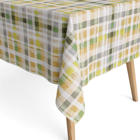 Jacquard Tischdecke aus beschichteter Baumwolle mit Karomuster in Grün-, Gelb- und Naturtönen, fleckenabweisend und pflegeleicht.