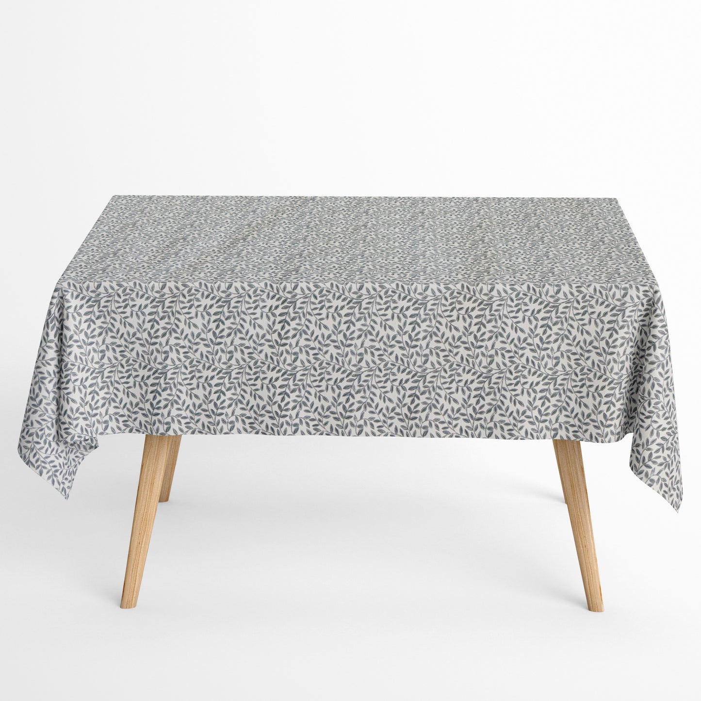 Jacquard Tischdecke aus beschichteter Baumwolle mit feinem Blättermuster aus kleinen Zweigen in Grau- und Naturtönen, fleckenabweisend und pflegeleicht.