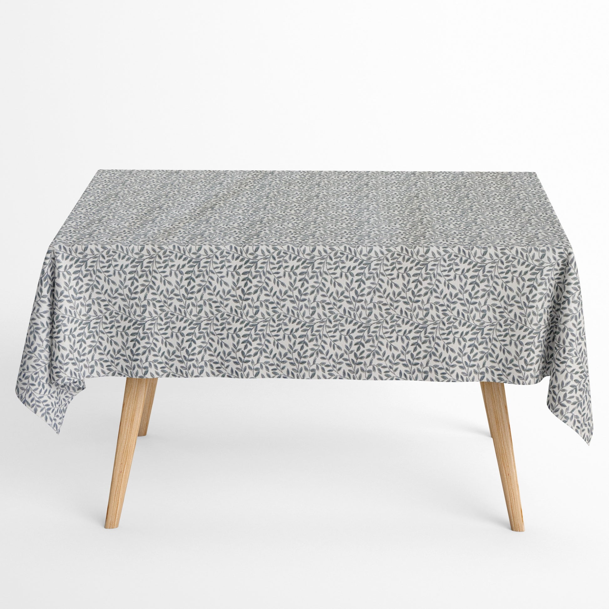 Jacquard Tischdecke aus beschichteter Baumwolle mit feinem Blättermuster aus kleinen Zweigen in Grau- und Naturtönen, fleckenabweisend und pflegeleicht.