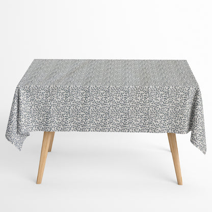 Jacquard Tischdecke aus beschichteter Baumwolle mit feinem Blättermuster aus kleinen Zweigen in Grau- und Naturtönen, fleckenabweisend und pflegeleicht.