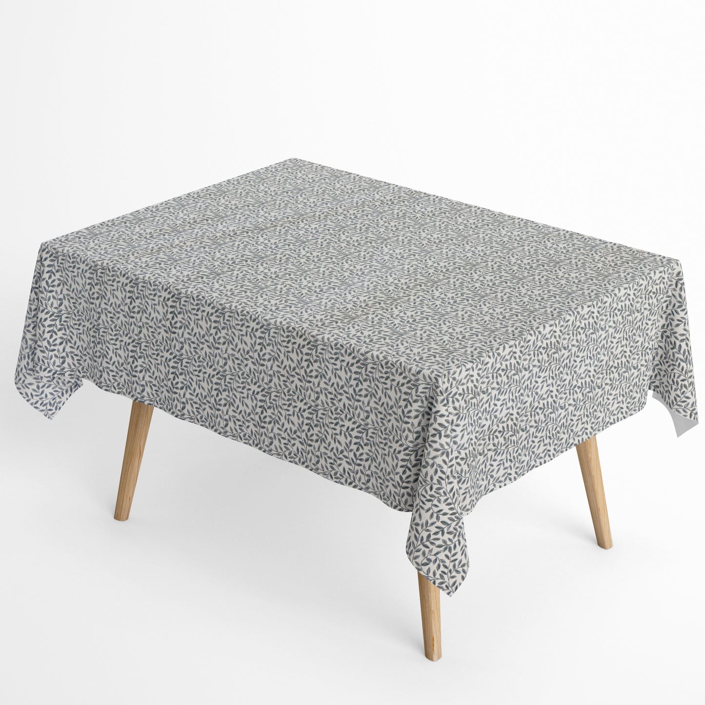 Jacquard Tischdecke aus beschichteter Baumwolle mit feinem Blättermuster aus kleinen Zweigen in Grau- und Naturtönen, fleckenabweisend und pflegeleicht.