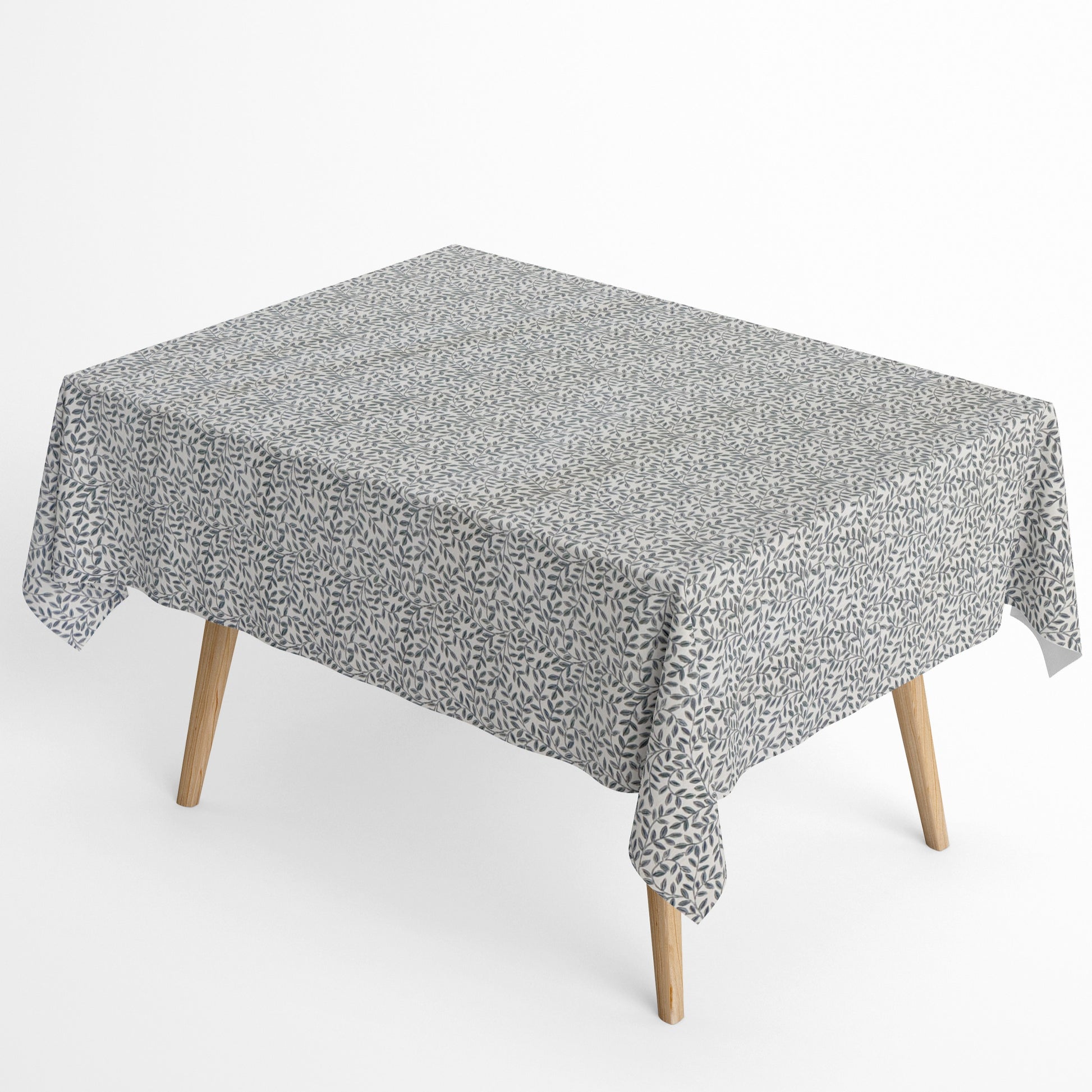 Jacquard Tischdecke aus beschichteter Baumwolle mit feinem Blättermuster aus kleinen Zweigen in Grau- und Naturtönen, fleckenabweisend und pflegeleicht.