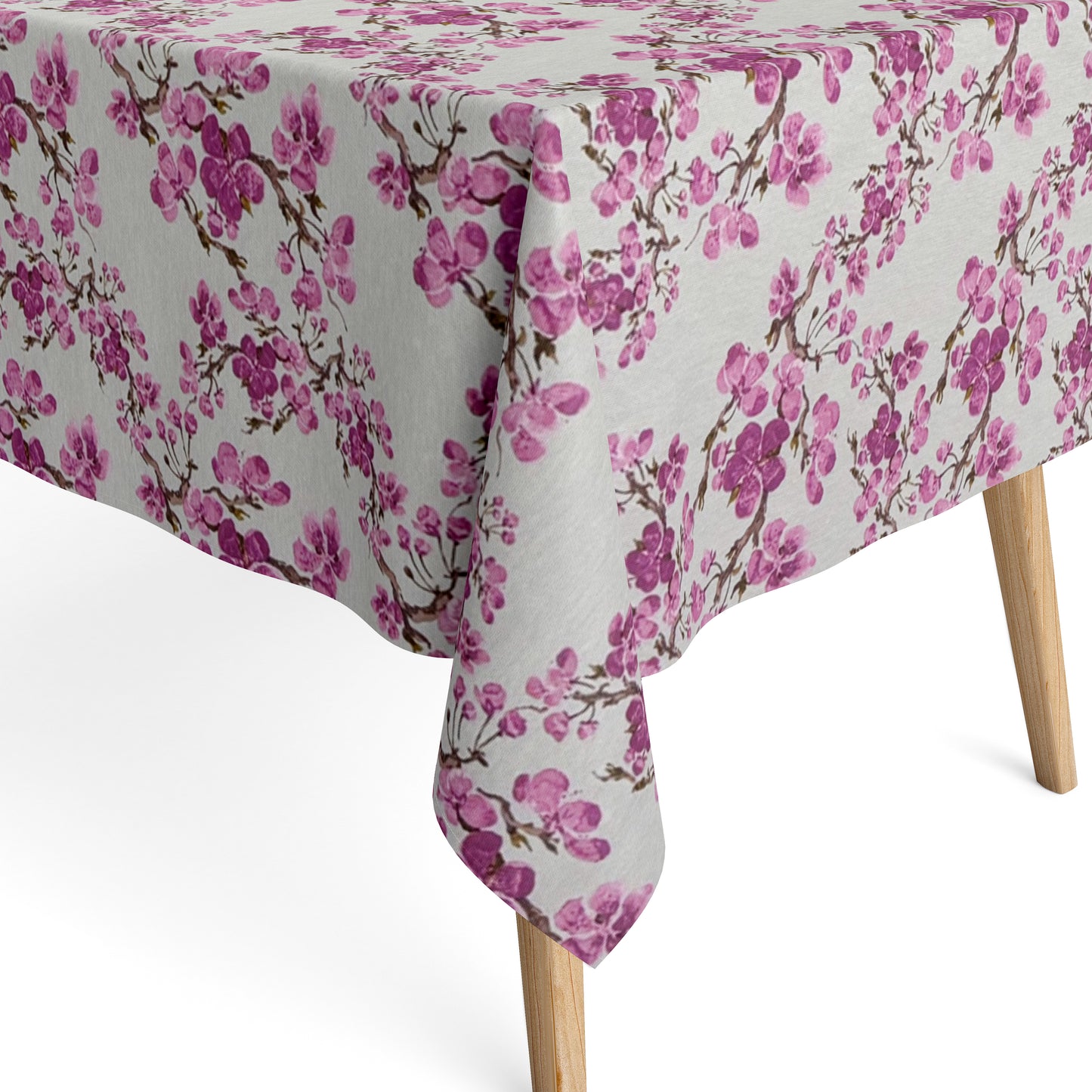 Beschichtete Jacquard-Tischdecke aus Baumwolle mit Fleckenschutz im Design JQ1425, weißer Hintergrund mit einem floralen Allover-Muster aus rosafarbenen Kirschblüten auf filigranen braunen Zweigen.