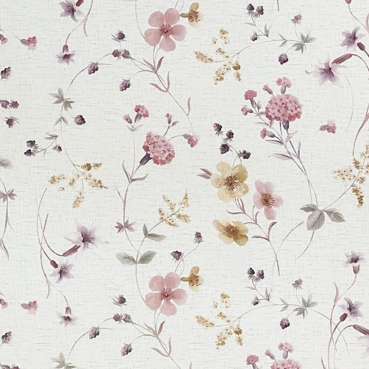 Rechteckige Wachstuch-Tischdecke mit zartem Streublumenmuster in Rosa, Flieder und Gelb auf cremeweißem Hintergrund. Filigrane Blüten, feine Zweige und kleine Blätter verleihen der Tischdecke eine romantische, leichte Ausstrahlung im Landhausstil.