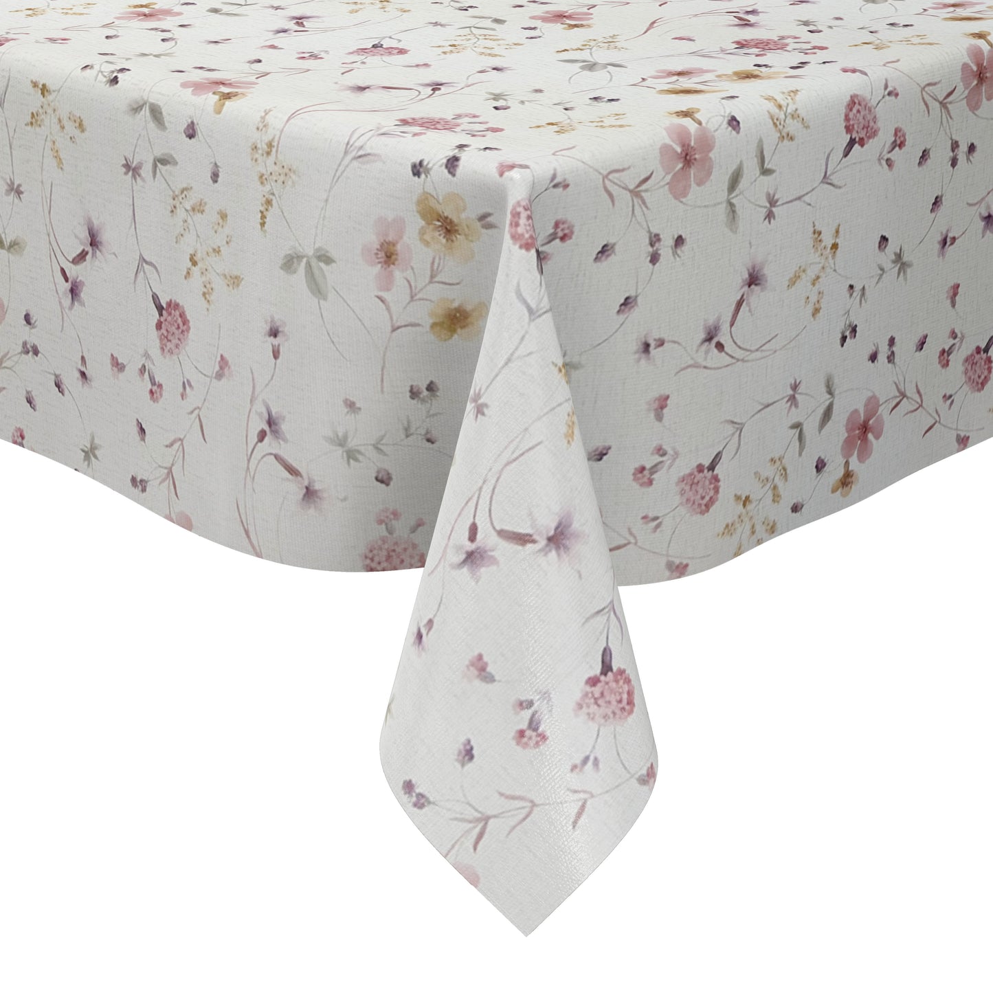 Rechteckige Wachstuch-Tischdecke mit zartem Streublumenmuster in Rosa, Flieder und Gelb auf cremeweißem Hintergrund. Filigrane Blüten, feine Zweige und kleine Blätter verleihen der Tischdecke eine romantische, leichte Ausstrahlung im Landhausstil.