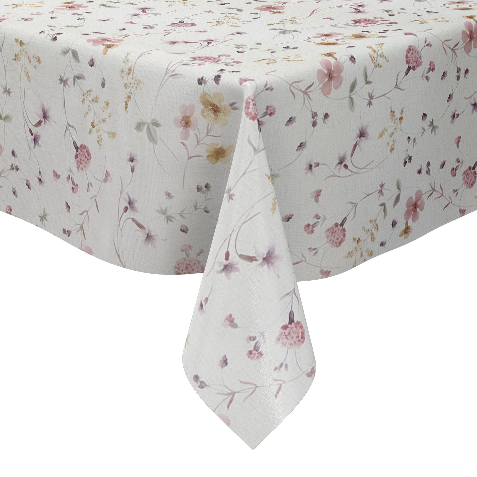 Rechteckige Wachstuch-Tischdecke mit zartem Streublumenmuster in Rosa, Flieder und Gelb auf cremeweißem Hintergrund. Filigrane Blüten, feine Zweige und kleine Blätter verleihen der Tischdecke eine romantische, leichte Ausstrahlung im Landhausstil.