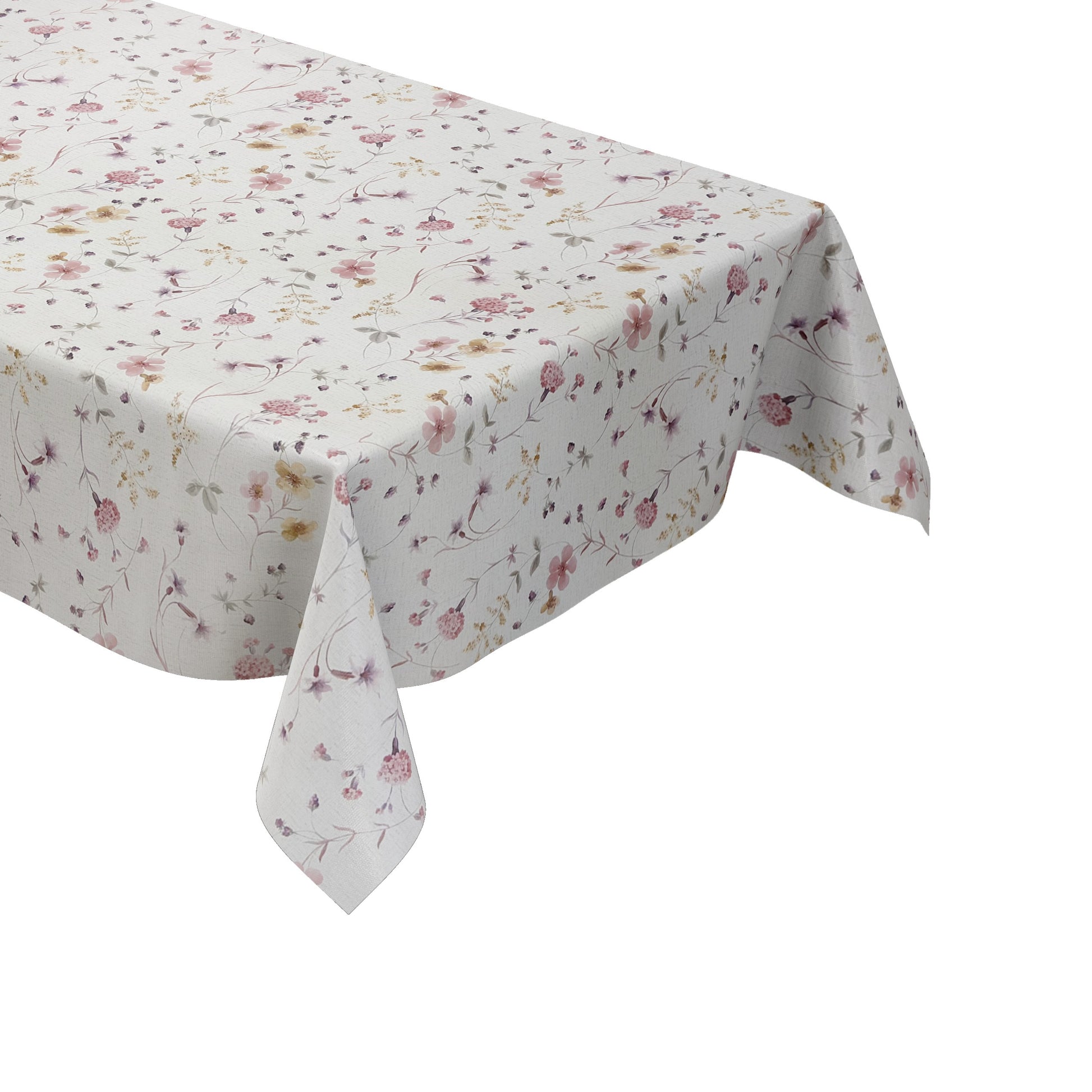 Rechteckige Wachstuch-Tischdecke mit zartem Streublumenmuster in Rosa, Flieder und Gelb auf cremeweißem Hintergrund. Filigrane Blüten, feine Zweige und kleine Blätter verleihen der Tischdecke eine romantische, leichte Ausstrahlung im Landhausstil.