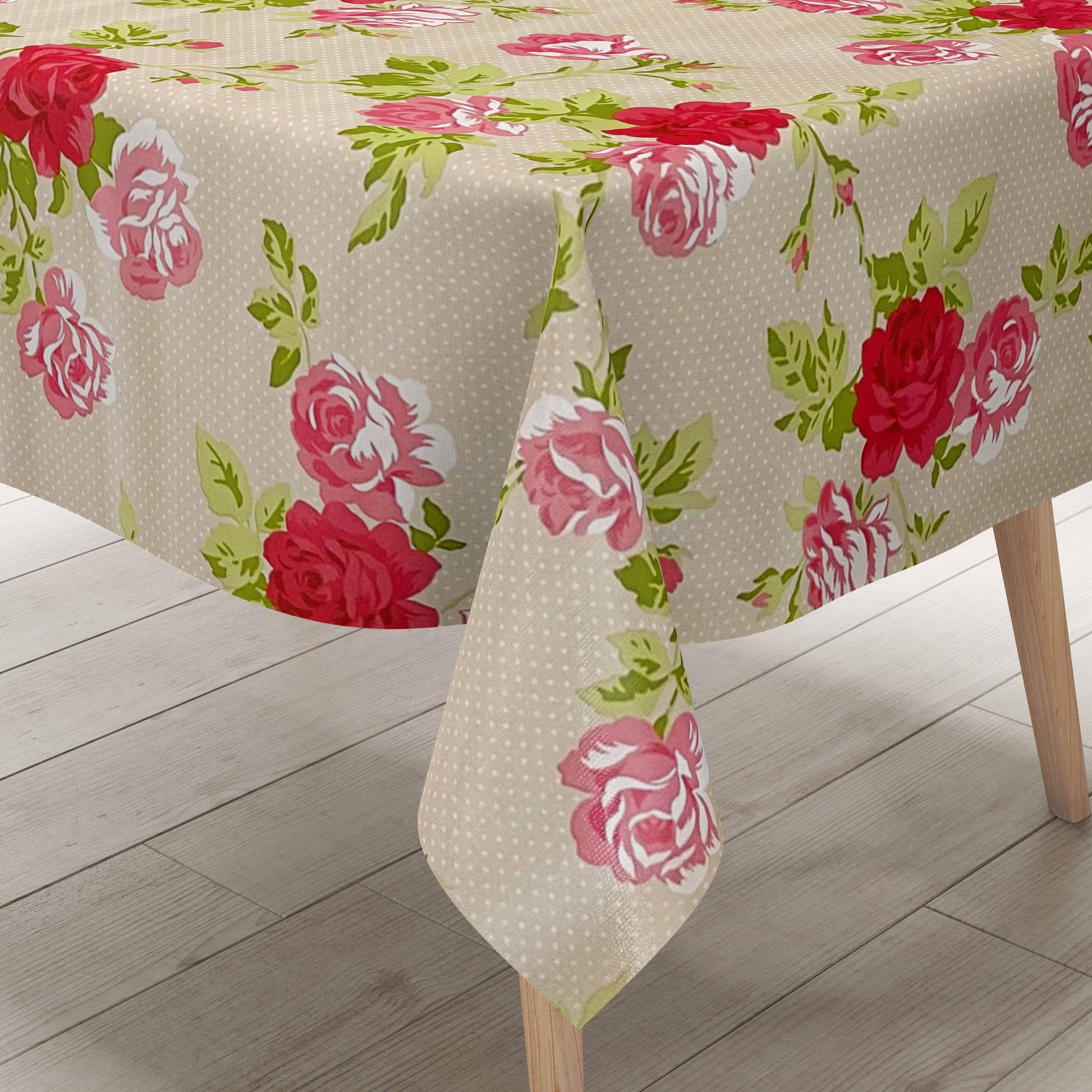 Wachstuch Tischdecke Punkte Rosen beige