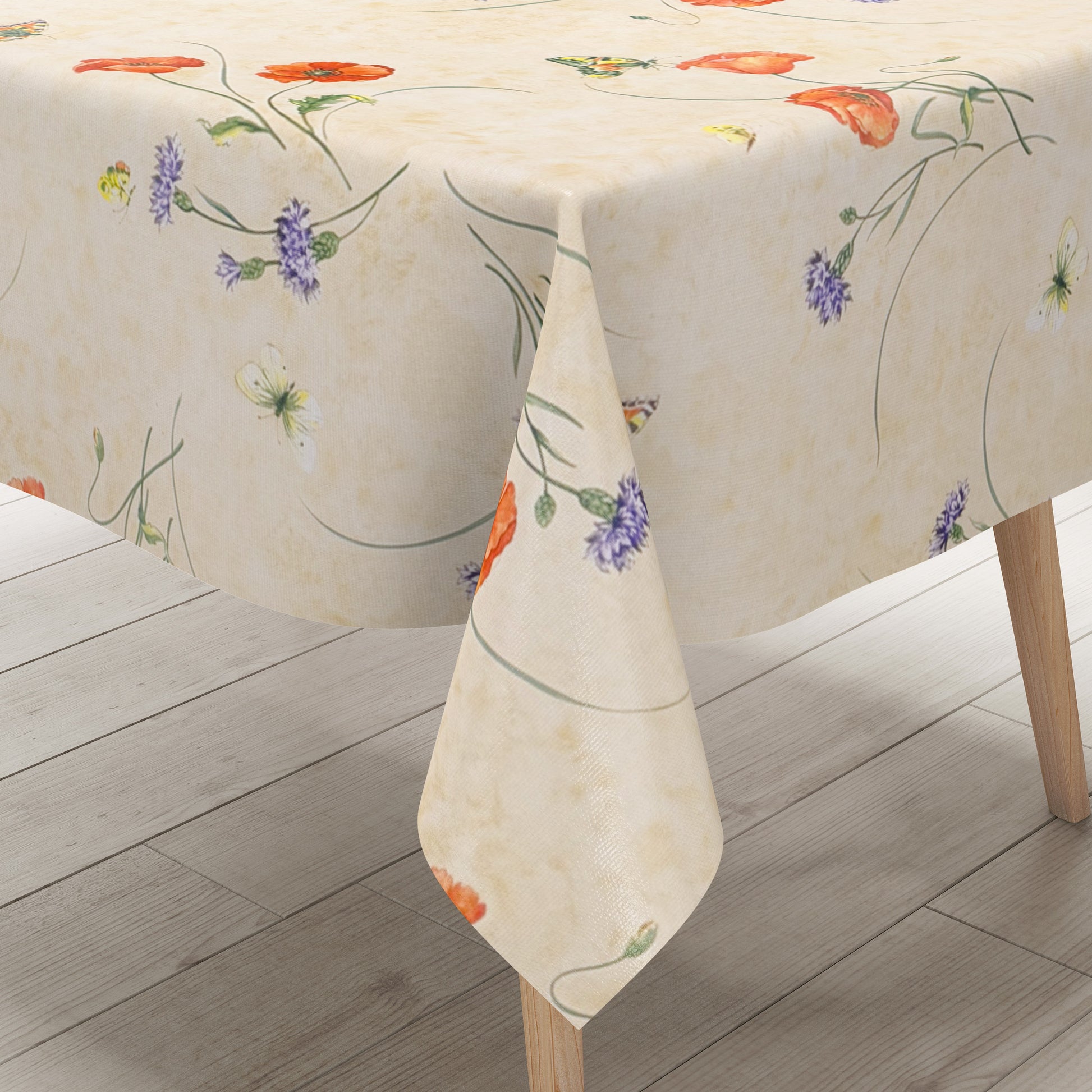 Wachstuch Tischdecke beige Mohnblumen