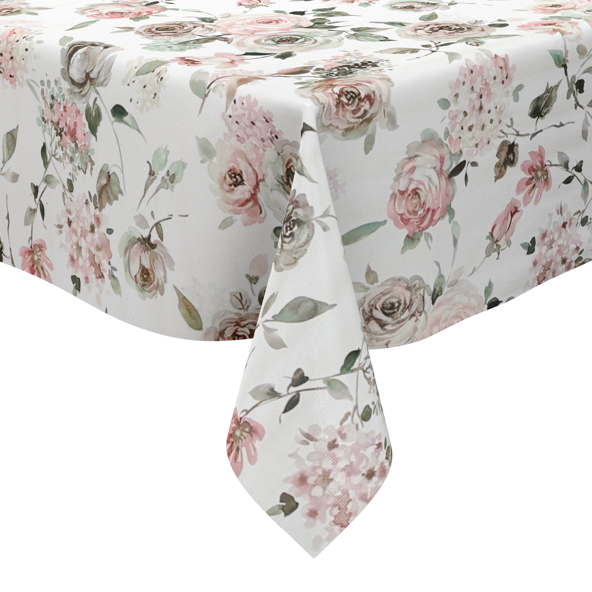 Wachstuch-Tischdecke mit romantischem Vintage-Blumenmuster auf hellem Hintergrund. Zarte Rosen, Hortensien und kleine Blüten in Rosa, Creme, Taupe und Grün sind im Aquarellstil dargestellt und von feinen Blättern ergänzt.