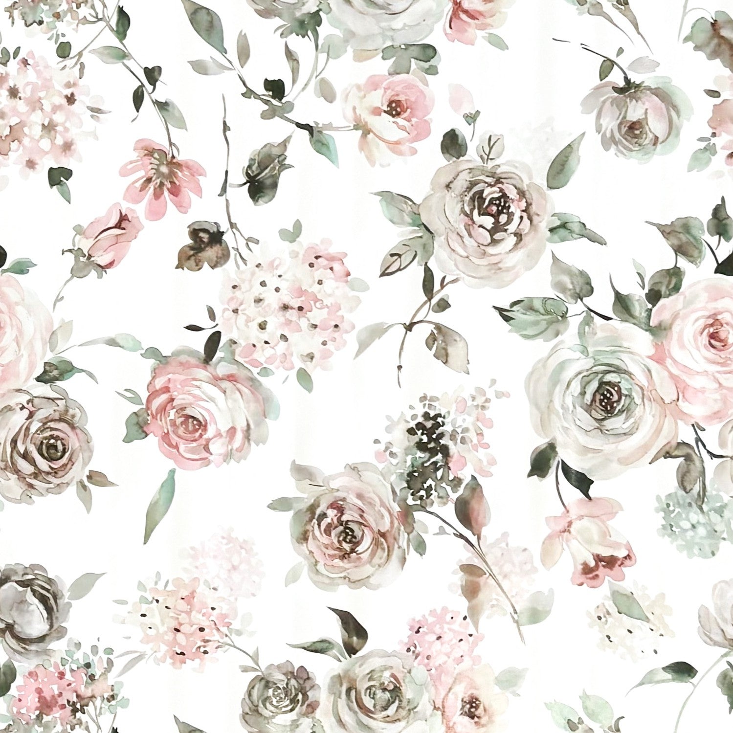 Wachstuch-Tischdecke mit romantischem Vintage-Blumenmuster auf hellem Hintergrund. Zarte Rosen, Hortensien und kleine Blüten in Rosa, Creme, Taupe und Grün sind im Aquarellstil dargestellt und von feinen Blättern ergänzt.