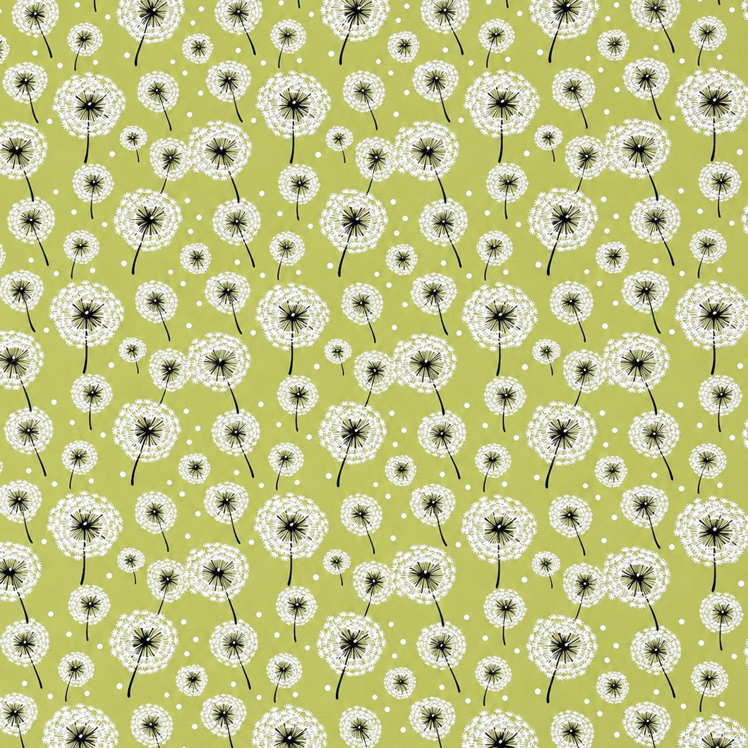 Wachstuch-Tischdecke mit weißen Pusteblumen in verschiedenen Größen auf hellgrünem Hintergrund. Schwarze Stiele und kleine weiße Punkte ergänzen das verspielte, natürliche Design mit leichter, frischer Ausstrahlung.