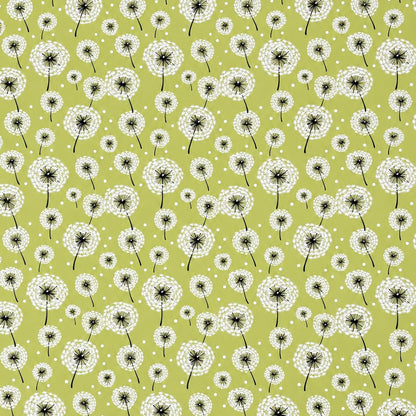 Wachstuch-Tischdecke mit weißen Pusteblumen in verschiedenen Größen auf hellgrünem Hintergrund. Schwarze Stiele und kleine weiße Punkte ergänzen das verspielte, natürliche Design mit leichter, frischer Ausstrahlung.