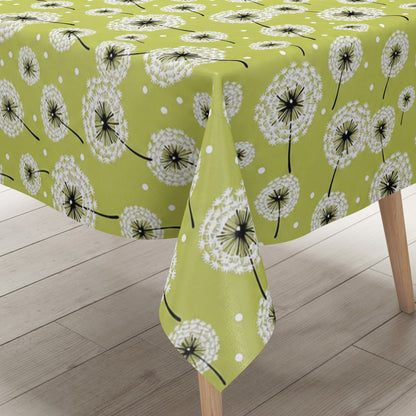 Wachstuch-Tischdecke mit weißen Pusteblumen in verschiedenen Größen auf hellgrünem Hintergrund. Schwarze Stiele und kleine weiße Punkte ergänzen das verspielte, natürliche Design mit leichter, frischer Ausstrahlung.