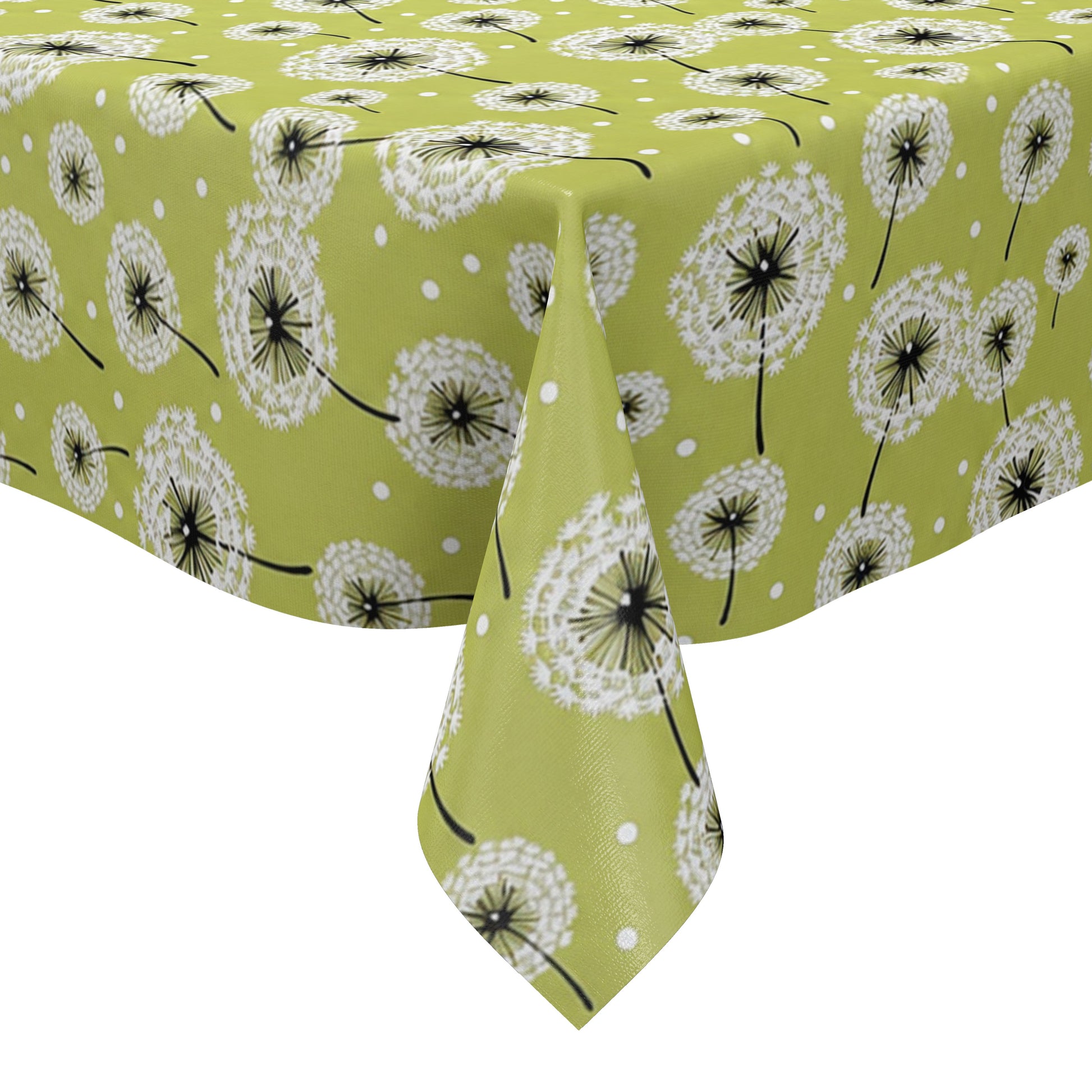 Wachstuch-Tischdecke mit weißen Pusteblumen in verschiedenen Größen auf hellgrünem Hintergrund. Schwarze Stiele und kleine weiße Punkte ergänzen das verspielte, natürliche Design mit leichter, frischer Ausstrahlung.