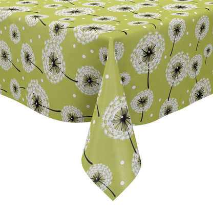Wachstuch-Tischdecke mit weißen Pusteblumen in verschiedenen Größen auf hellgrünem Hintergrund. Schwarze Stiele und kleine weiße Punkte ergänzen das verspielte, natürliche Design mit leichter, frischer Ausstrahlung.